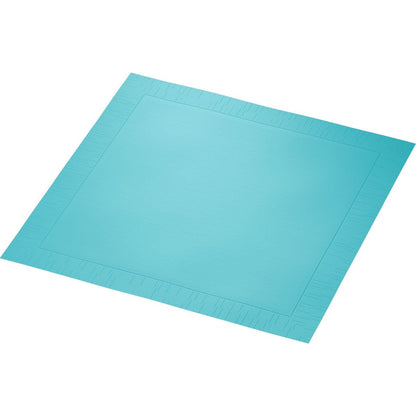 A rectangular, aqua blue disposable paper placemat with an embossed edge is depicted on a white background. Perfectly matches the Duni GmbH classic napkins 40 x 40 cm, 4-ply, embossed, 1/4 fold for a stylishly set table.