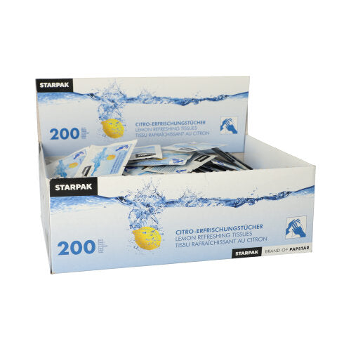 A rectangular display box with the inscription "Starpak" contains 200 individually wrapped refreshing wipes "Citro" (14x14 cm). The packaging shows a lemon splashing in water and is labeled with the brand name Starpak.