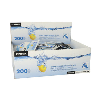 A rectangular display box with the inscription "Starpak" contains 200 individually wrapped refreshing wipes "Citro" (14x14 cm). The packaging shows a lemon splashing in water and is labeled with the brand name Starpak.