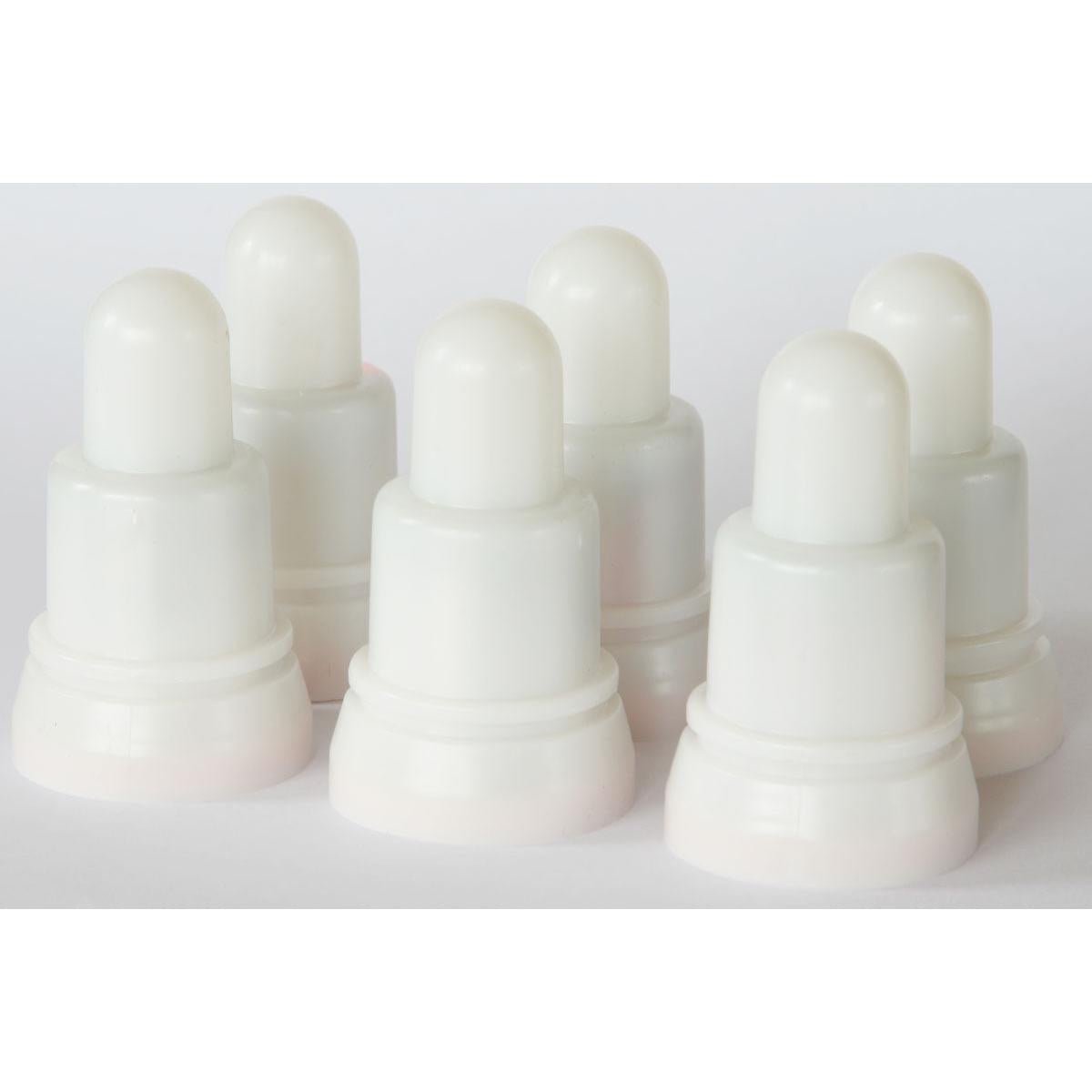 Six white plastic caps from Duni GmbH, designed for the LED multicolor replacement (set of 6, 12h, 70 x 40 mm), are shown in two rows. With their smooth, rounded top and cylindrical base, they are the ideal replacement for LED multicolor lights.