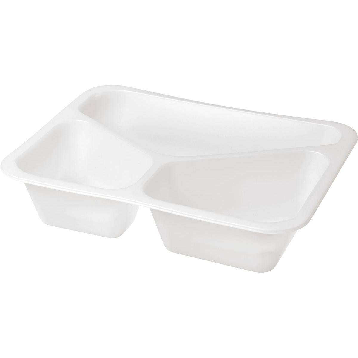 The Duni GmbH Caterline 3 White Bioplastic Sealing Tray 227x178x50 with three compartments is an environmentally friendly packaging solution for catering, available as a pack of 216 pieces.
