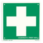 A green rescue sign - Cross by Orkla Wound Care AB with a large white cross in the center; the product details are at the bottom left and "CEDERROTH FIRST AID" is shown at the bottom right. The package contains 1 piece.