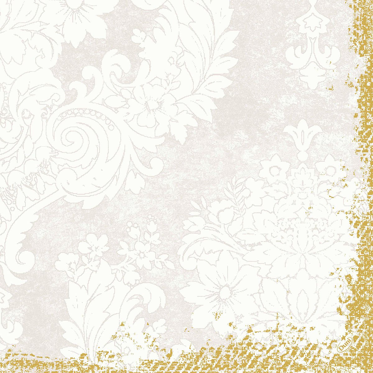 A floral pattern of light beige and white damask with ornate swirls is bordered by textured gold foil to achieve a vintage look - ideal for Duni GmbH classic napkins 40 x 40 cm, 4-ply, embossed 1/4 fold.