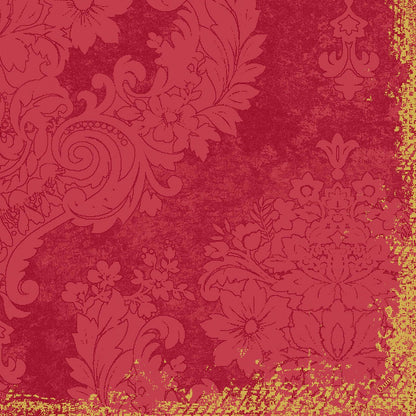 The classic napkins 40 x 40 cm, 4-ply, embossed 1/4 fold from Duni GmbH feature an elegant red-gold vintage floral damask with embossed texture and ornate leaf and floral details along the edges.