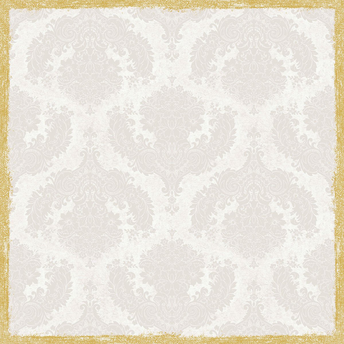 A light gray damask background with ornate, symmetrical floral motifs is perfect for table decoration with the Dunisilk+ tablecloth 84x84 cm in Royal White (pack of 20 pieces) from Duni GmbH. The image is provided with a textured, irregular gold border.