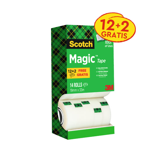 Auf einer Packung Scotch® Magic™ Unsichtbares Klebeband Vorteilspack (14 Rollen, 19 mm x 33 m) der 3M Deutschland GmbH steht "12+2 FREE GRATIS" auf einer grün karierten Verpackung mit gelber Schrift und rotem 3M Logo unten rechts.