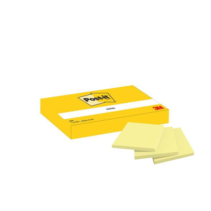 A yellow box of Post-it® Notes (38 x 51 mm, yellow) from 3M Deutschland GmbH with three blocks on the front. Contains 12 blocks/package (100 sheets/block), in cardboard packaging, PEFC-certified - ideal office supply for notes and reminders.