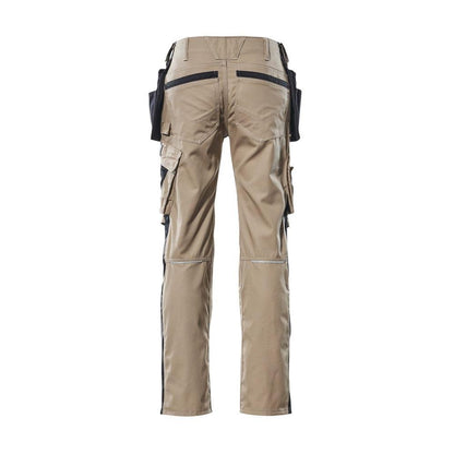 Trousers with hanging pockets, light weight trousers, light khaki/black