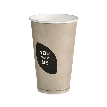 A beige Thank You cup, PAP/PLA printed from Duni GmbH, features a black leaf graphic with "YOU chose ME" in white lettering and small print near the bottom, photographed against a white background.