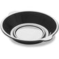A round, metallic mixing bowl with a spout stands next to a sleek DF Pearl M1 - 1-divided 1 black PP Ø220x42 plate from Duni GmbH (package of 320 pieces), both on a white background.
