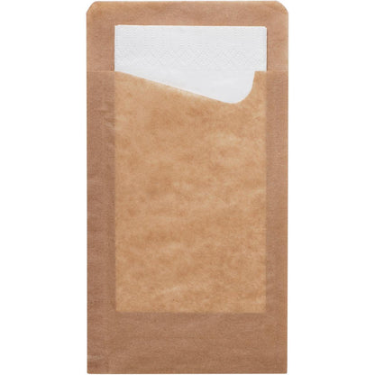 The Snack Sacchetto with white 2-ply napkin from Duni GmbH is a brown paper bag, from the top edge of which a white napkin protrudes - practical and environmentally friendly.