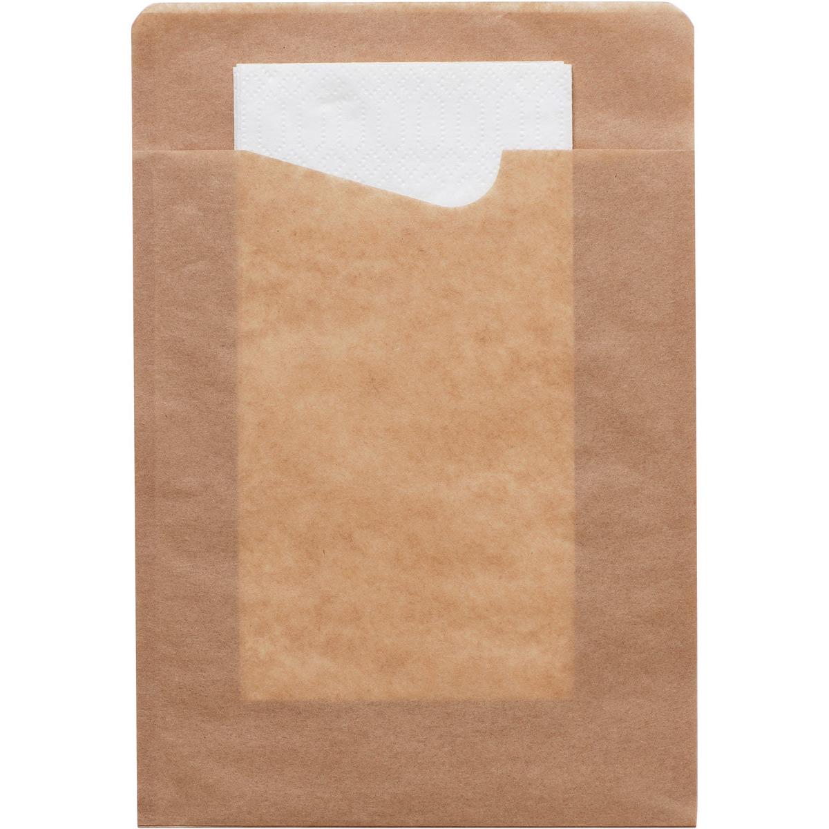 The Duni GmbH Snack Sacchetto with white 2-ply napkin made of brown paper offers a view of the napkin through the transparent front - practical and environmentally friendly.