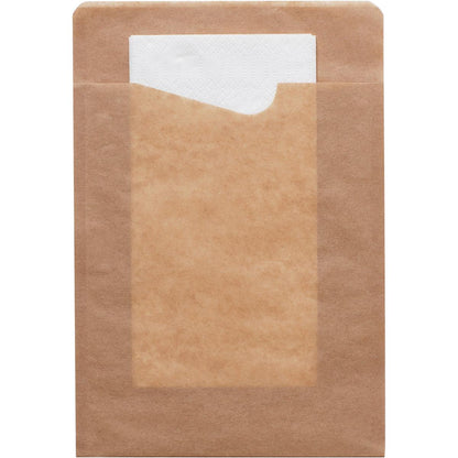 The Duni GmbH Snack Sacchetto with white 2-ply napkin made of brown paper offers a view of the napkin through the transparent front - practical and environmentally friendly.
