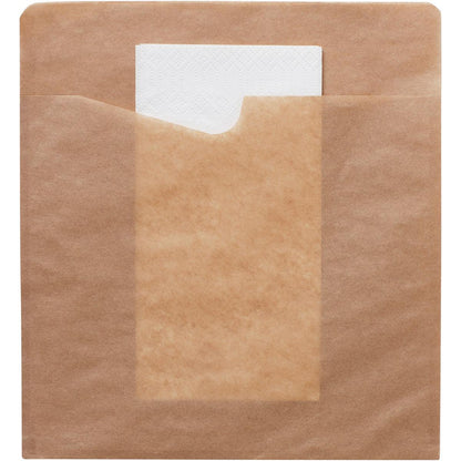 The Snack Sacchetto with white 2-ply napkin made of brown paper from Duni GmbH presents an environmentally friendly look with a transparent front and shows the folded napkin at the top edge.