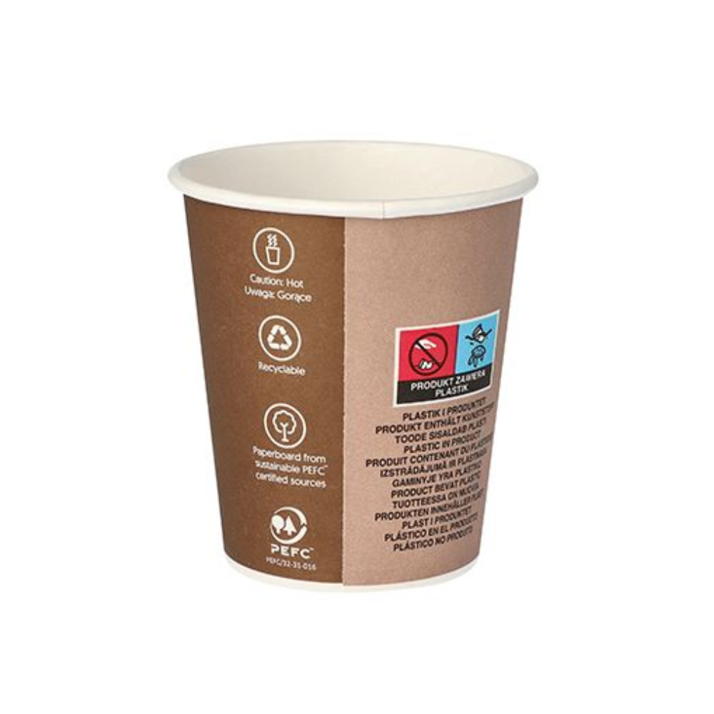 The Starpak paper cup for hot drinks 0.2 l with the "To Go" motif is a brown disposable paper cup with warning symbols and text indicating that the contents may be hot. Ideal for taking hot drinks on the go. It is marked as recyclable, made from sustainably sourced materials, carries the PEFC certificate, and strongly resembles the design of a paper cup.