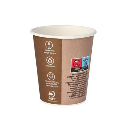 The Starpak paper cup for hot drinks 0.2 l with the "To Go" motif is a brown disposable paper cup with warning symbols and text indicating that the contents may be hot. Ideal for taking hot drinks on the go. It is marked as recyclable, made from sustainably sourced materials, carries the PEFC certificate, and strongly resembles the design of a paper cup.