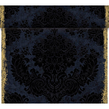 The Dunicel table runner Tête-à-Tête by Duni GmbH (24 m x 0.4 m, 20 sections) features a dark blue and black damask floral pattern with gold glittering vertical borders and a touch of vintage - ideal for elegant tables.