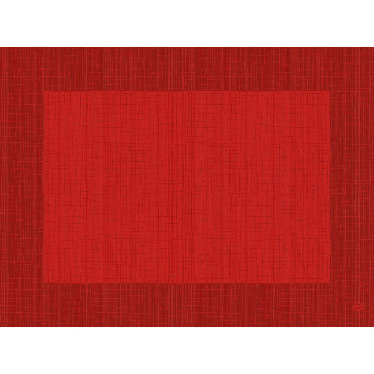 The Dunicel placemats 30 x 40 cm Linnea red from Duni GmbH are red, square placemats with a bordered, textured grid pattern and a small logo in the lower right corner. Each pack contains 100 pieces.