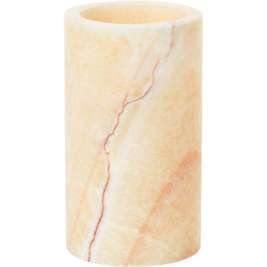 The Duni GmbH candle holder made of mineral onyx (125x70 mm) stands out for its elegant design in light beige with natural veining and an open top, set against a simple white background. Package: 1 piece.