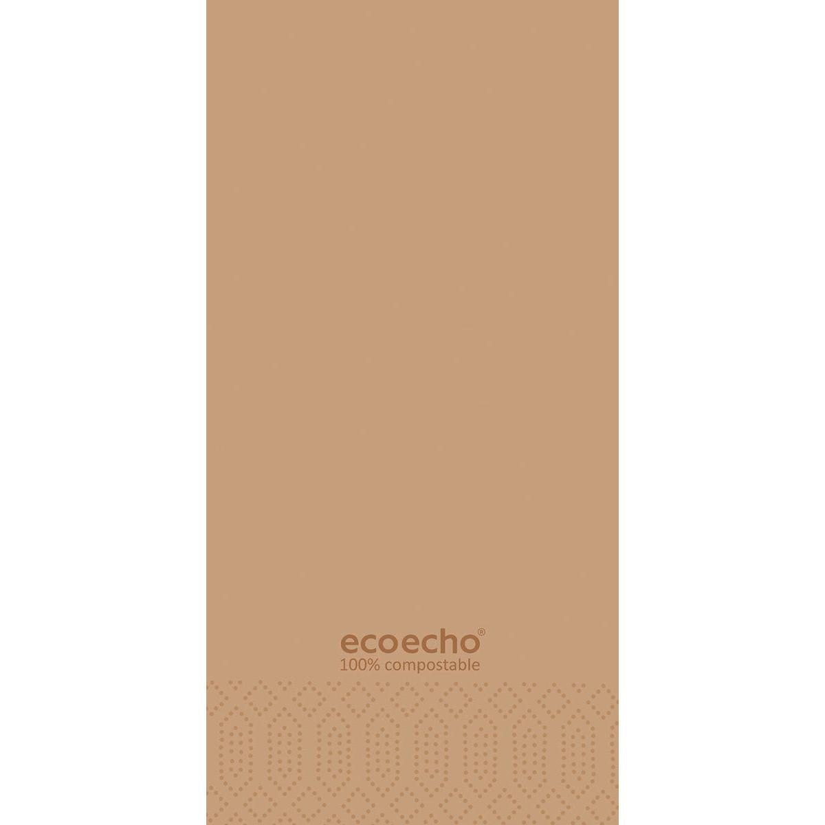 Die Auslaufartikel: Zelltuchservietten 40 x 40 cm 2-lagig 1/8 Buchfalz EcoEcho von Duni GmbH sind braune Servietten mit gepunktetem Unterrand und dem Aufdruck "ecoecho 100% kompostierbar" für einen umweltfreundlich gedeckten Tisch (300er Pack).