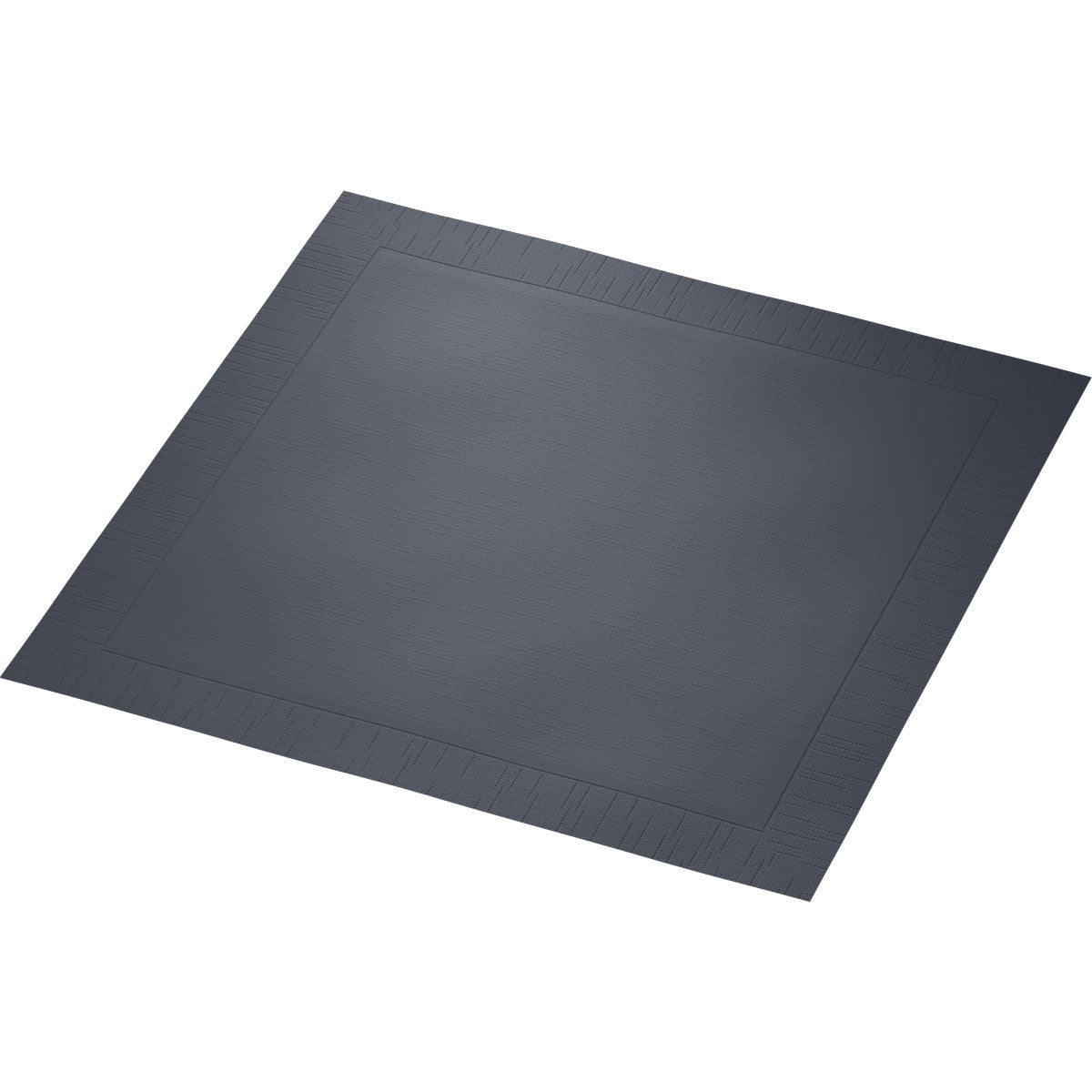 A dark gray, square mat (40 x 40 cm) with a textured surface and raised edge, depicted on white - reminiscent of the high-quality design of the classic napkins 40 x 40 cm, 4-ply, embossed 1/4 fold from Duni GmbH.