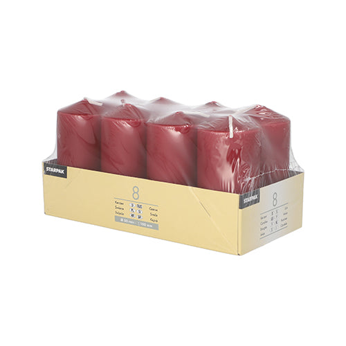 A pack of eight Starpak 8 pillar candles Ø 50 mm · 100 mm is arranged in two rows, wrapped in clear film, and housed in a beige tray with the inscription "8" and product details – ideal for creating a cozy atmosphere.