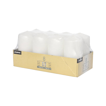 Starpak 8 pillar candles Ø 50 mm · 100 mm: Eight large white candles in a cardboard tray, wrapped in clear film with labels on the front and side – ideal for a cozy atmosphere with high-quality Starpak wax.