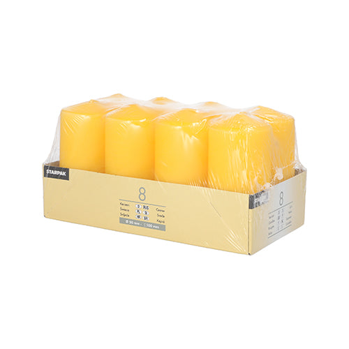 The pack of Starpak 8 pillar candles Ø 50 mm · 100 mm contains eight yellow candles, wrapped in clear plastic and housed in a beige tray with side details – ideal for your candle holder.