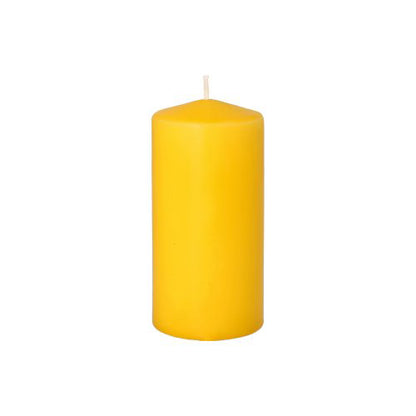 A Starpak 8 pillar candle Ø 50 mm · 100 mm, solid yellow pillar candle with a flat bottom and slightly pointed end, centrally arranged unlit wick. Perfect for your favorite candle holder. The background is plain white. Brand: Starpak.