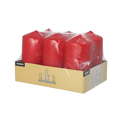 Starpak 6 pillar candles Ø 60 mm · 115 mm in red from Starpak, are delivered in a clear plastic wrap and a beige cardboard tray with labels – ideal for decoration due to their long burning time.