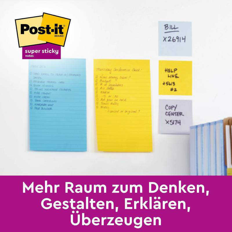 Four packs of Post-it® Super Sticky Meeting Notes by 3M Deutschland GmbH in various neon colors (203 x 152 mm, 45 sheets each, PEFC-certified) stick to a white wall above books. The PEFC logo is visible in the top left, the German text reads: More room to think...