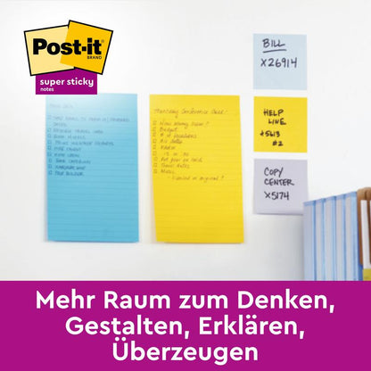 Four packs of Post-it® Super Sticky Meeting Notes by 3M Deutschland GmbH in various neon colors (203 x 152 mm, 45 sheets each, PEFC-certified) stick to a white wall above books. The PEFC logo is visible in the top left, the German text reads: More room to think...