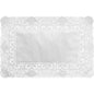 The Duni GmbH decorative lace paper 25x35 cm, white has a plain center and an ornate lace border - ideal for elegant decorations. Sold in a pack of 250 high-quality paper lace doilies.