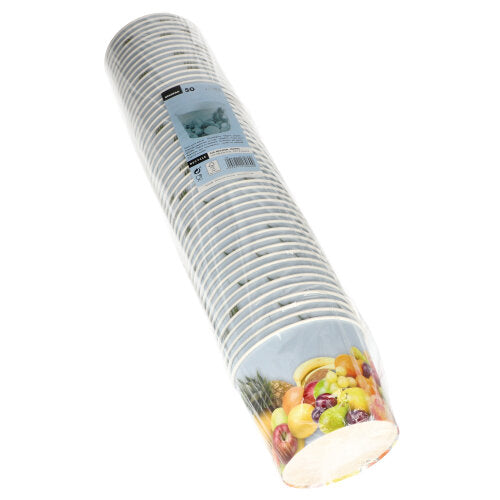 A pack of 50 round disposable ice cream cups made of paper from Starpak, each with different fruit images on the side, wrapped in plastic.