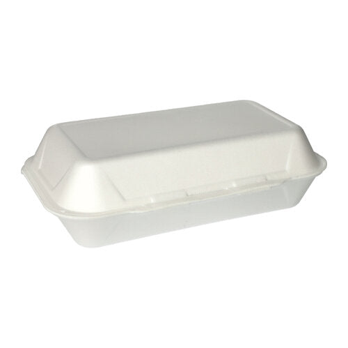 Against a simple white background, a closed white Starpak 100 all-purpose box with a hinged lid take-away container (XPS, 1800 ml, 7.5 x 24 x 13.3 cm) is depicted.