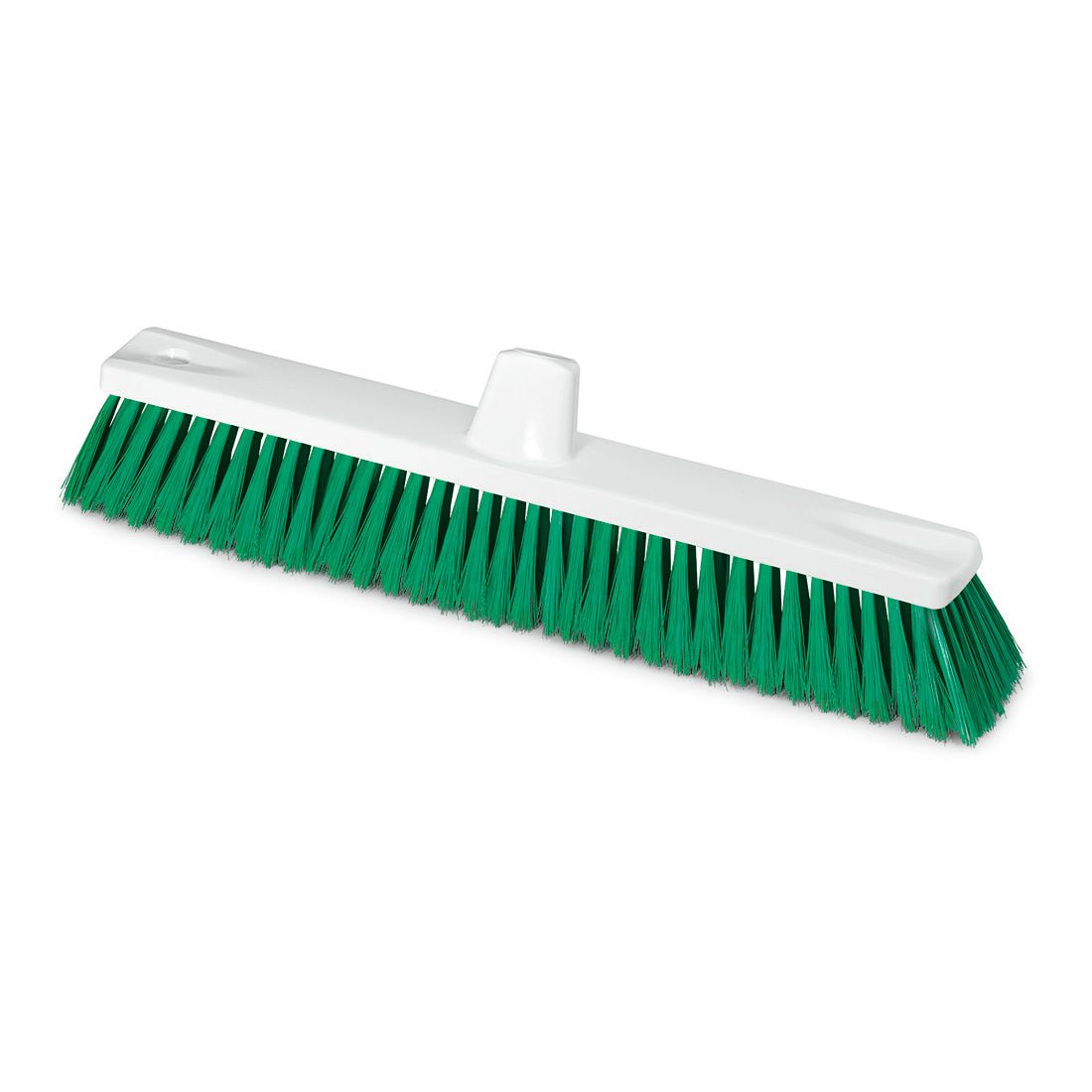 The Nölle Profi Brush HACCP large area broom with soft bristles (0.25 mm) from Nölle Profi Brush Bürsten- & Pinseltechnik e.K. features a white head with green soft bristles and a central socket for hygienic cleaning tasks.