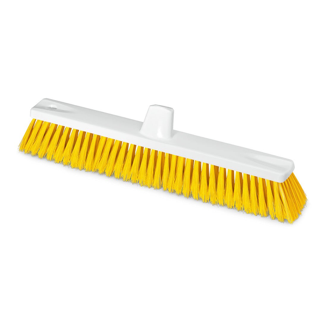 The Nölle Profi Brush HACCP large area broom from Nölle Profi Brush Bürsten- & Pinseltechnik e.K. is made of white plastic and bright yellow soft bristles (0.25 mm), with a central hole for handle attachment, shown on a plain white background.