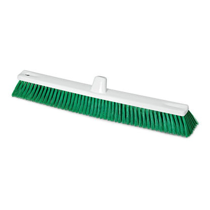 The Nölle Profi Brush HACCP large area broom from Nölle Profi Brush Bürsten- & Pinseltechnik e.K. is characterized by soft bristles (0.25 mm) and a white plastic base with a central handle hole, depicted diagonally on a white background.