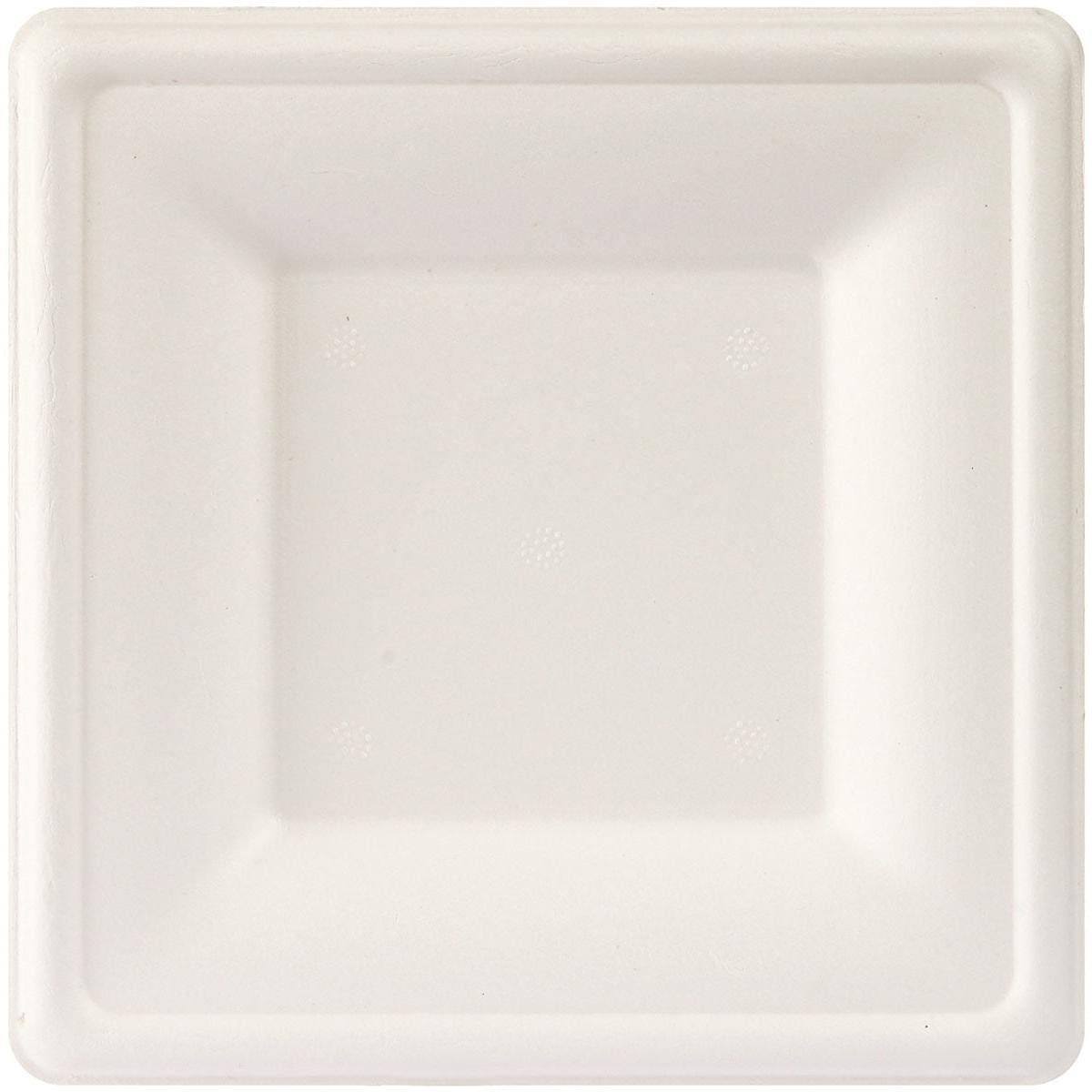 A white, square bagasse plate (16x16 cm) from Duni GmbH, biodegradable, with a slightly raised rim - Product: Plate, square 16x16 cm White Bagasse | Pack (50 pieces), photographed from above on a white background.