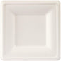 A white, square bagasse plate (16x16 cm) from Duni GmbH, biodegradable, with a slightly raised rim - Product: Plate, square 16x16 cm White Bagasse | Pack (50 pieces), photographed from above on a white background.