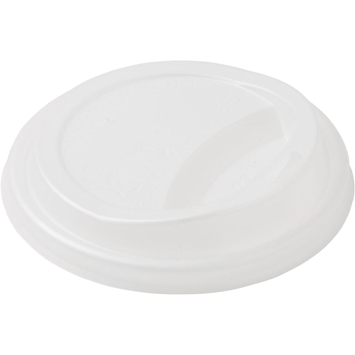Ein weißer CPLA Deckel für 182574/182575 von Duni GmbH, biologisch abbaubar und umweltfreundlich, mit erhöhtem Rand und ovaler Trinköffnung, liegt auf weißem Hintergrund. Die Packung enthält 40 Stück.