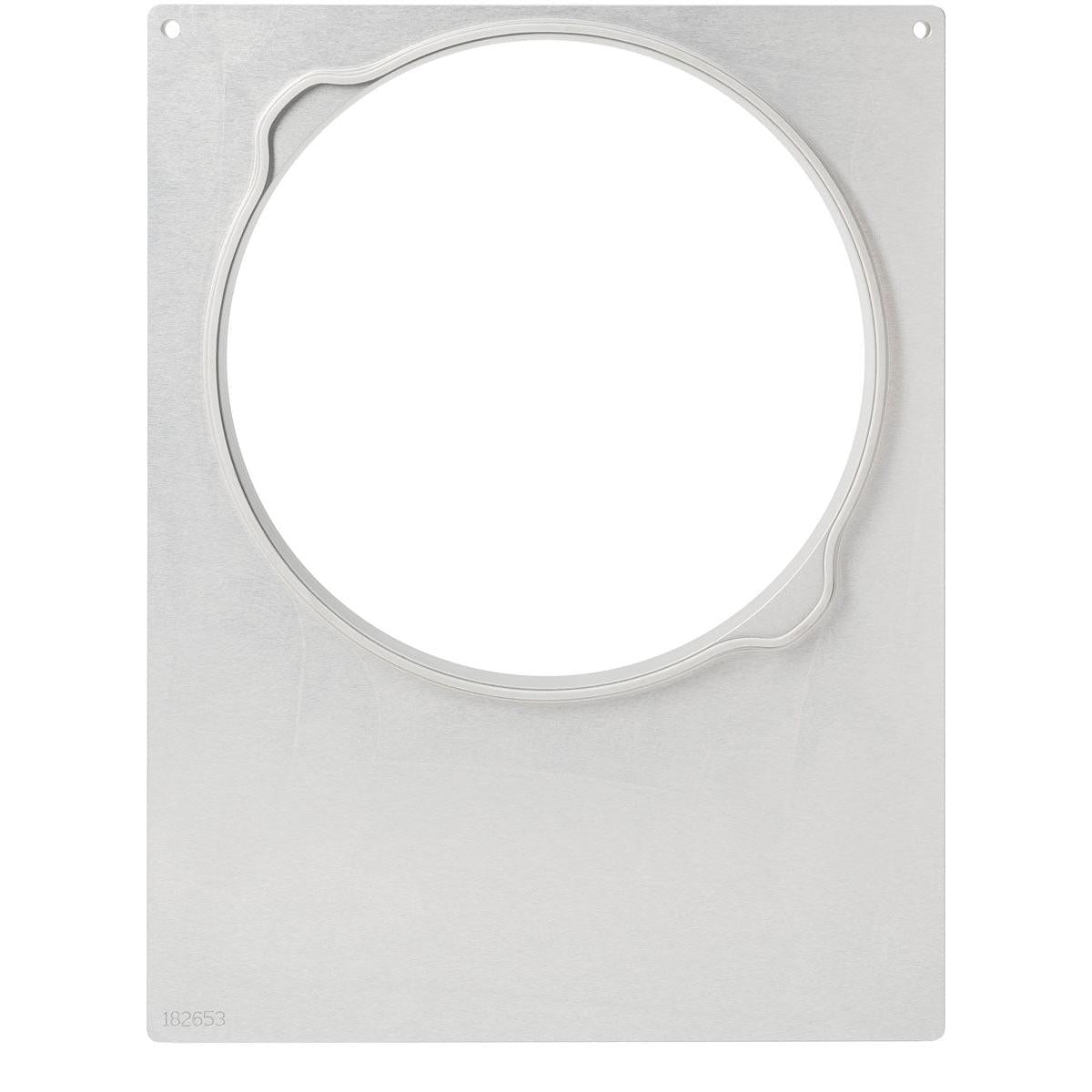 A square metal sheet from Duni GmbH with a central round cutout, smooth edges, and a notch at the top left - ideal for cassette DF15/25 for DF Pearl L1/L2/L3 systems. With a smooth surface and a faint serial number at the bottom left. 1 piece per package.