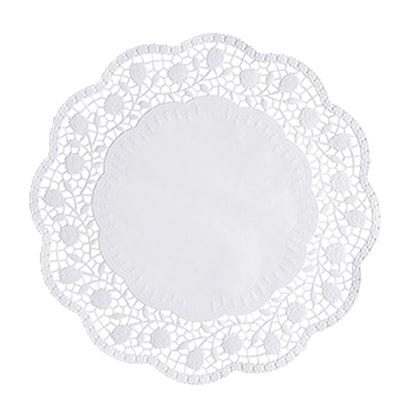 The PAPSTAR 250 round white doilies from PAPSTAR GmbH are round, white doilies with a solid center and intricate lace edge – ideal for elegantly presenting cakes.