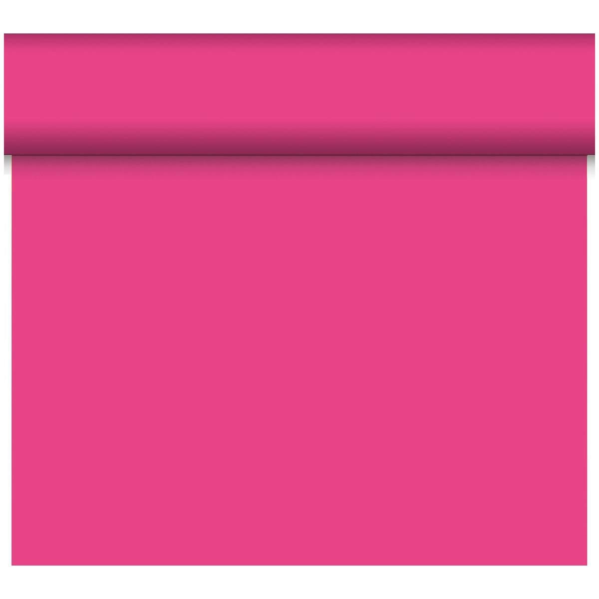 A partially unrolled Dunicel table runner Tête-à-Tête (24 m x 0.4 m, 20 sections) by Duni GmbH in vibrant pink casts a shadow along the top edge; its smooth surface is perfect for elegant table decoration.