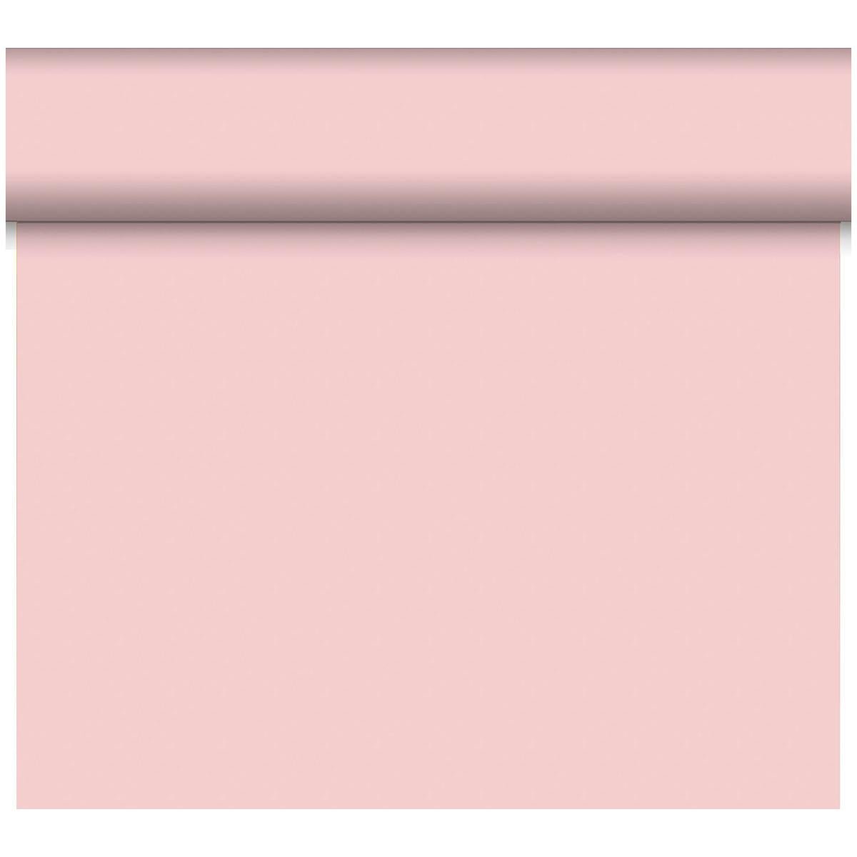 A roll of Dunicel table runner Tête-à-Tête 24 m x 0.4 m (20 sections) by Duni GmbH is vertically unrolled, presenting the delicate pink surface as a stylish table decoration against a white background.