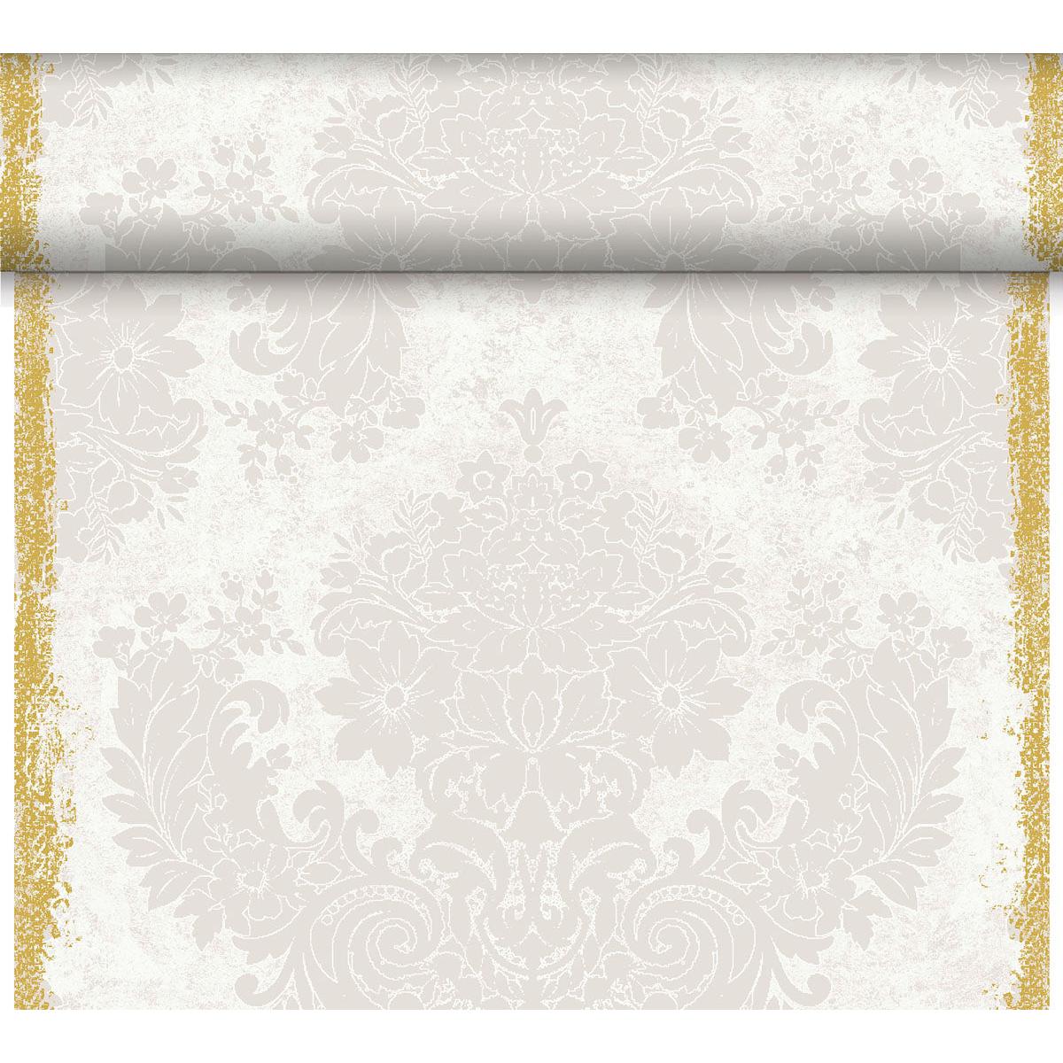 A wallpaper roll with light beige floral damask and gold borders, perfect for a classic table decoration or combined with the Dunicel table runner Tête-à-Tête 24 m × 0.4 m (Duni GmbH) for an elegant ambiance.