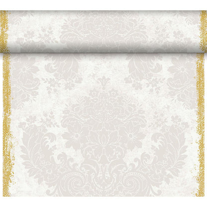 A wallpaper roll with light beige floral damask and gold borders, perfect for a classic table decoration or combined with the Dunicel table runner Tête-à-Tête 24 m × 0.4 m (Duni GmbH) for an elegant ambiance.