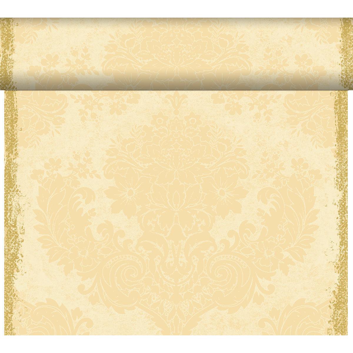 A beige-gold floral damask wallpaper roll, partially unrolled - perfect for an inspiring table decoration or combined with the Dunicel table runner Tête-à-Tête 24 m x 0.4 m (20 sections) by Duni GmbH for an elegant touch.