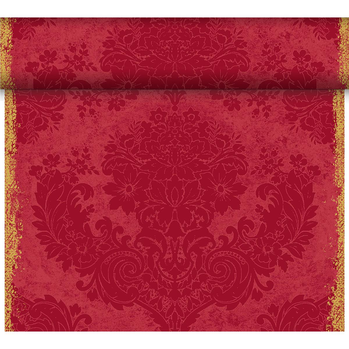 The Dunicel table runner Tête-à-Tête (24 m x 0.4 m, 20 sections) by Duni GmbH impresses with its red-gold floral damask design with a used look - ideal for elegant table decoration or as a stylish addition to any ambiance.