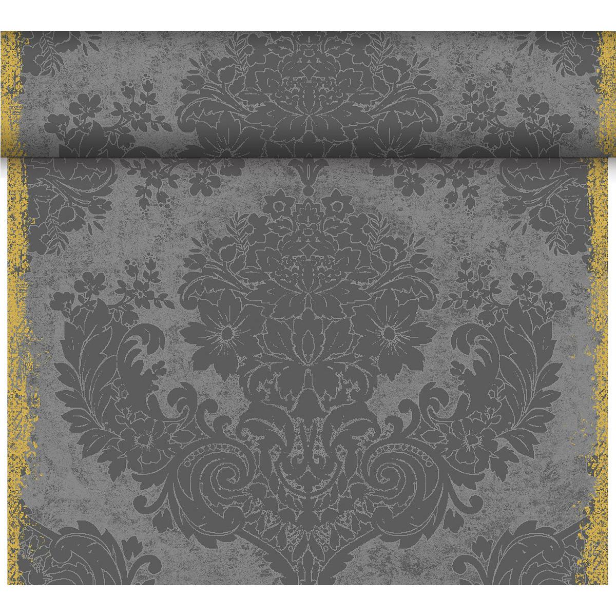 A close-up of the ornate floral damask wallpaper in dark gray, reflecting the elegant style of the Dunicel table runner Tête-à-Tête 24 m x 0.4 m (20 sections) by Duni GmbH, with distressed textures and worn gold edges, ideal for table decoration.